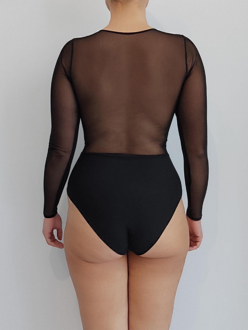 Plunge-Cut Mesh Insert, Back and Long Sleeve Body