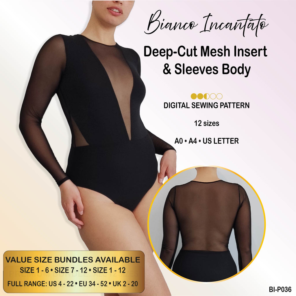 Plunge-Cut Mesh Insert, Back and Long Sleeve Body
